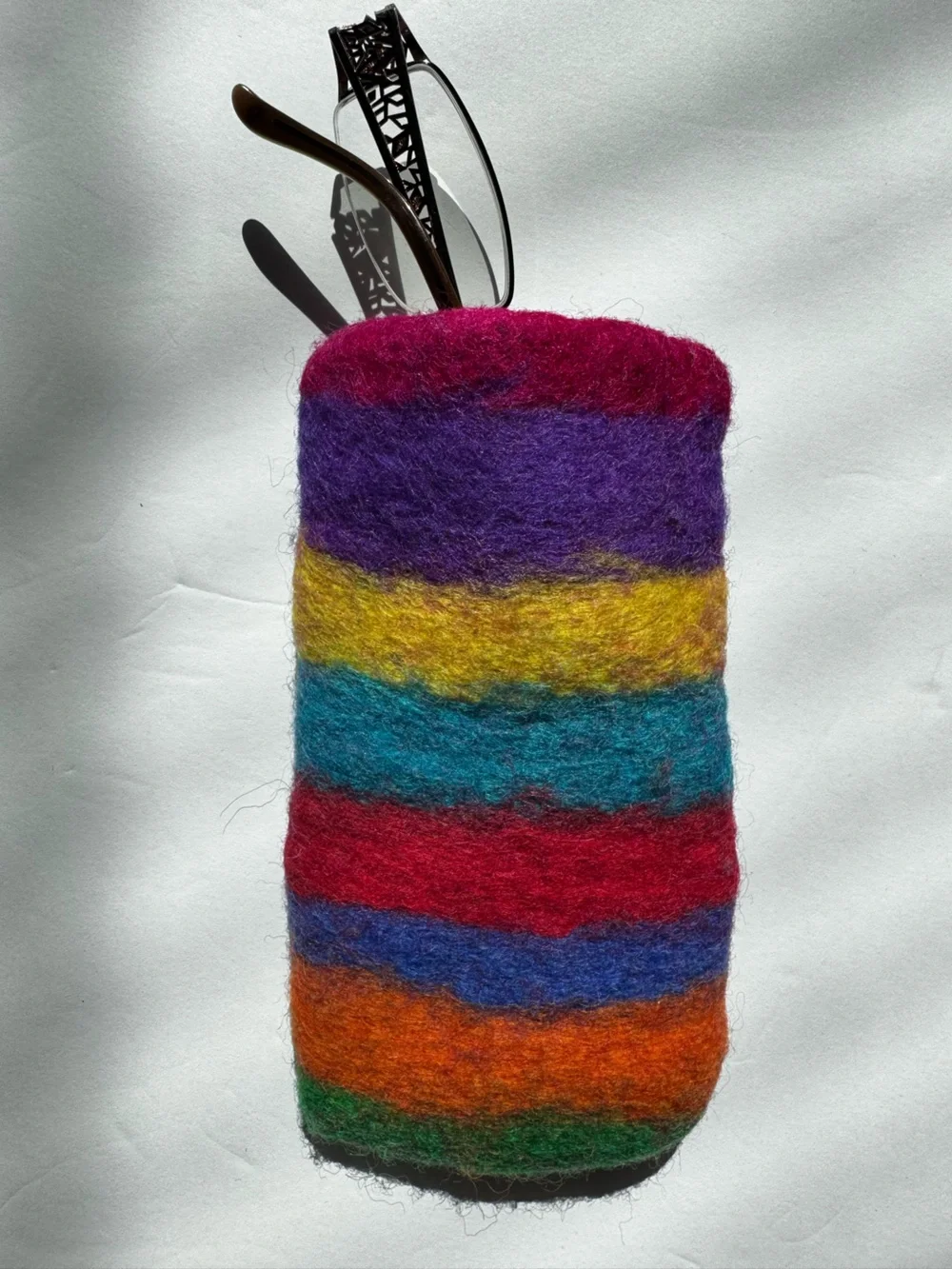 Handmade Glass Case Phone Pen Protector Wool Colorful Striped Rainbow Storage